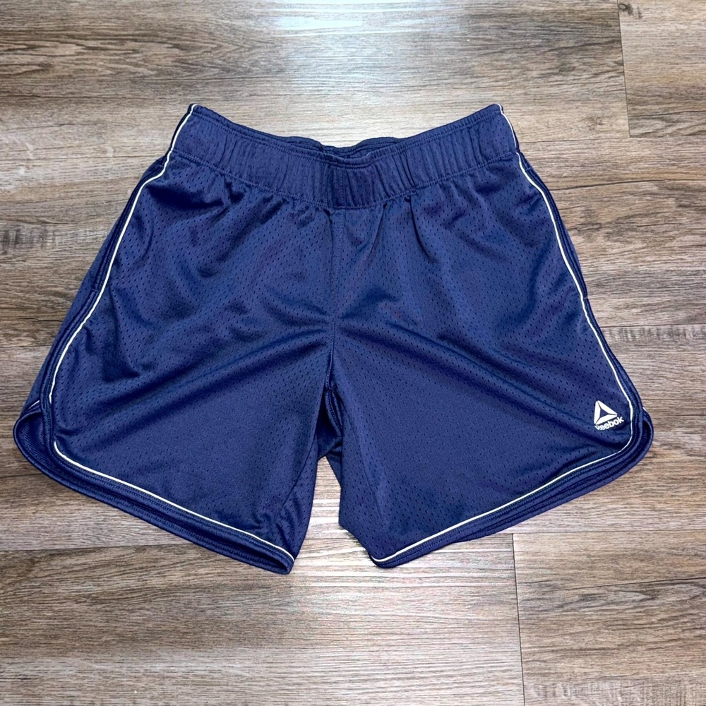 Reebok Navy Blue Athletic Mesh Game Time Basketball Shorts Womens XS Drawstring
